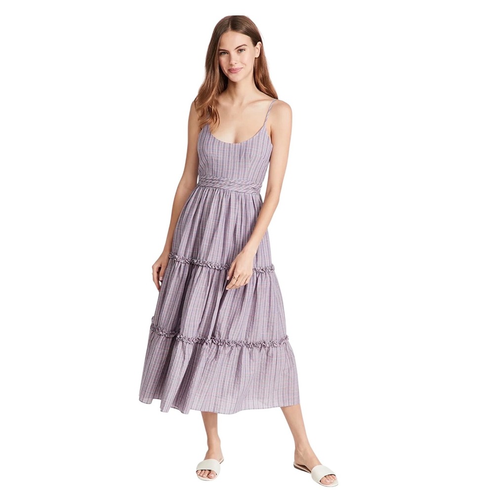 Cinq à Sept Belle Plaid Tiered Midi Dress Purple Cotton 4 Easter Cottagecore